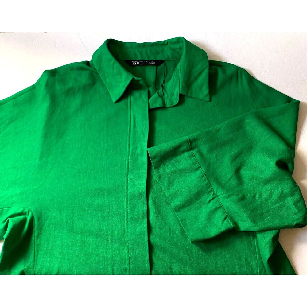 Zara Linen Blend Shirt Women M Shamrock Green 3/4 Kimono Sleeve Button Down NWOT - Picture 4 of 16